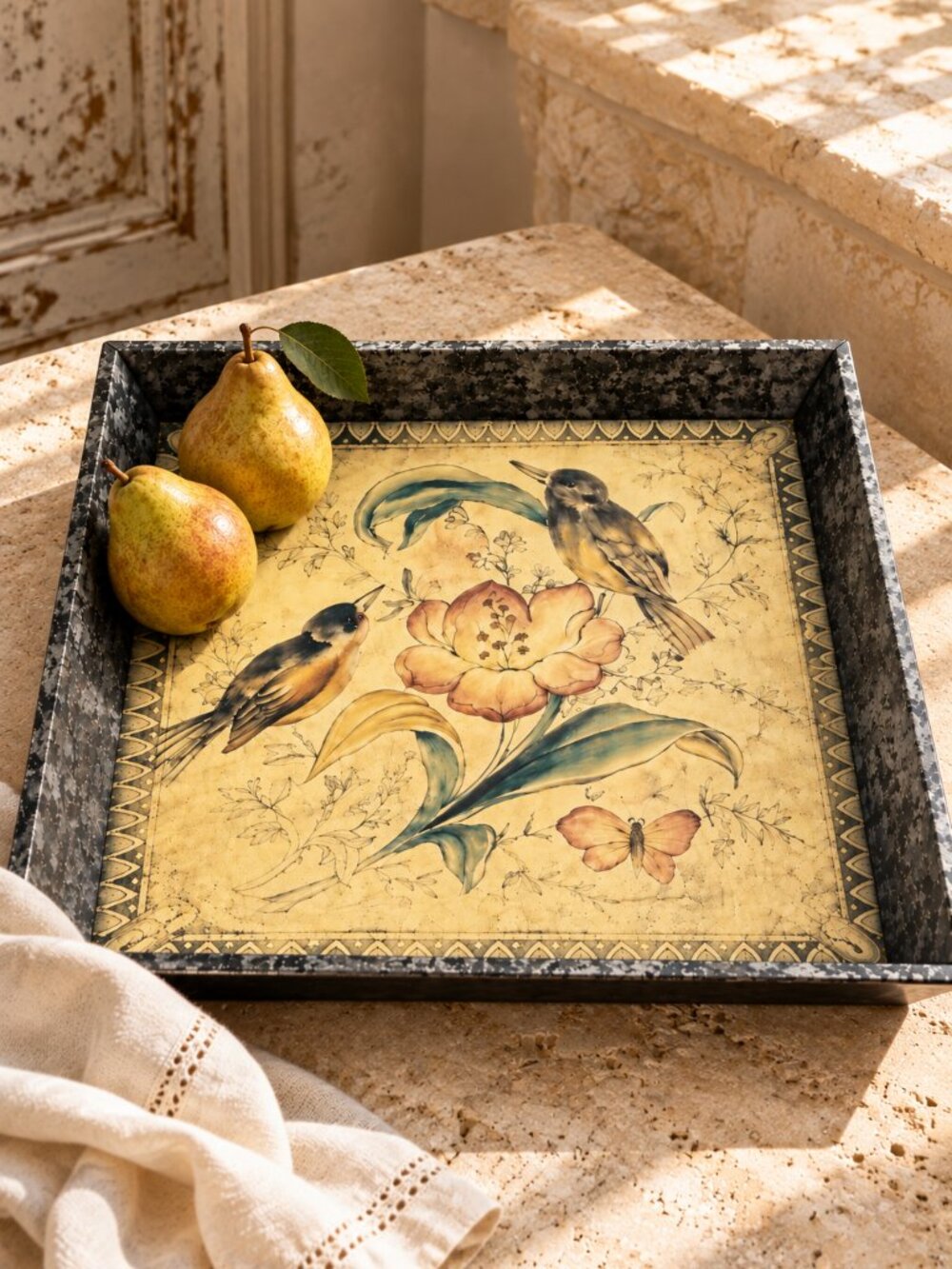 Large Vintage Bird & Botanical Square Floral Serving Tray